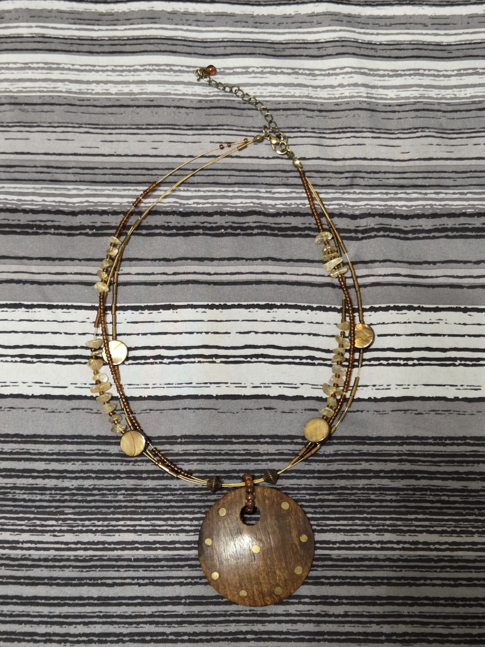 Bohemian Multi-Strand Earth Tone Necklace with Wooden Disc Pendant